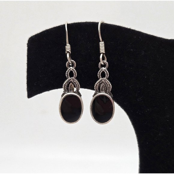 Vintage Sterling Silver Earrings Black Enamel Dangle Filigree Boho Dainty Twee - Picture 4 of 13